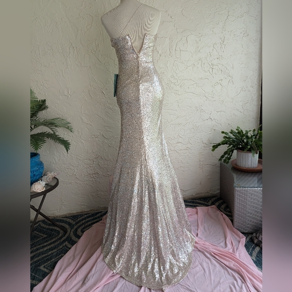 Champagne Sequin Gown, One-Shouldered Spaghetti Strap w/ Sweep Train by B. Smart - Picture 9 of 16